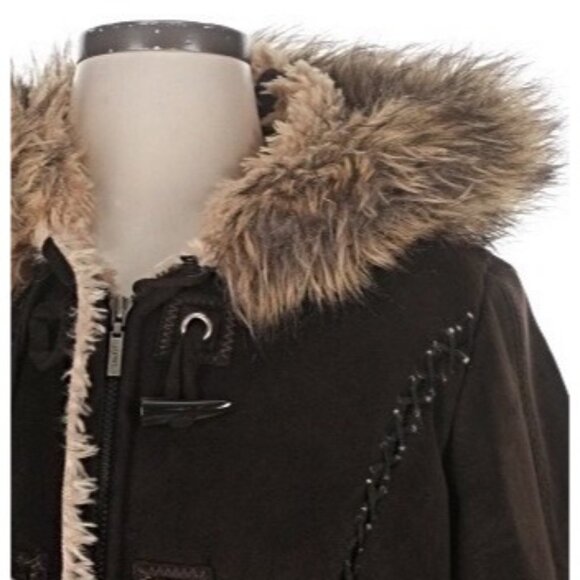 Vtg Y2K Esprit Brown Faux Suede Hooded Penny Lane Toggle Coat | Afghan Boho 1X - Picture 3 of 13